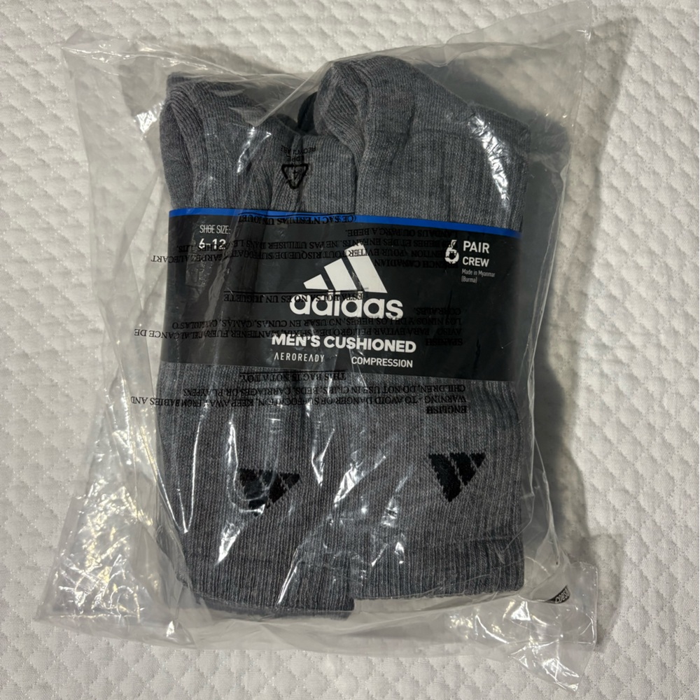 NWT Adidas Gray Athletic Cushioned Compression Crew Socks 6-Pack